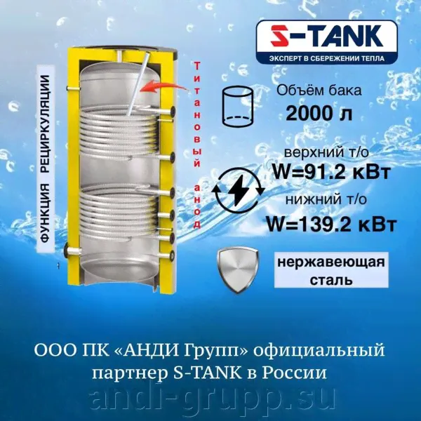 S-Tank Solar SS DUO 2000 л бойлер косвенного нагрева из нержавеющей стали с 2т/о с титановым анодом-0