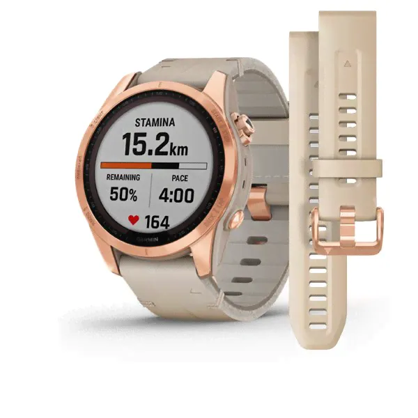 Garmin FENIX 7S Sapphire Solar титановый цвета розовое золото с песчаным кожаным ремешком-0
