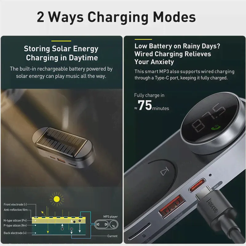 Xiaomi Baseus Solar Car FM Transmitter Modulator Bluetooth 5.0 Wireless MP3 Player USB Car Charger AUX Handsfree Car Kit Hot (art.: 3920b8c8e34fe)-0