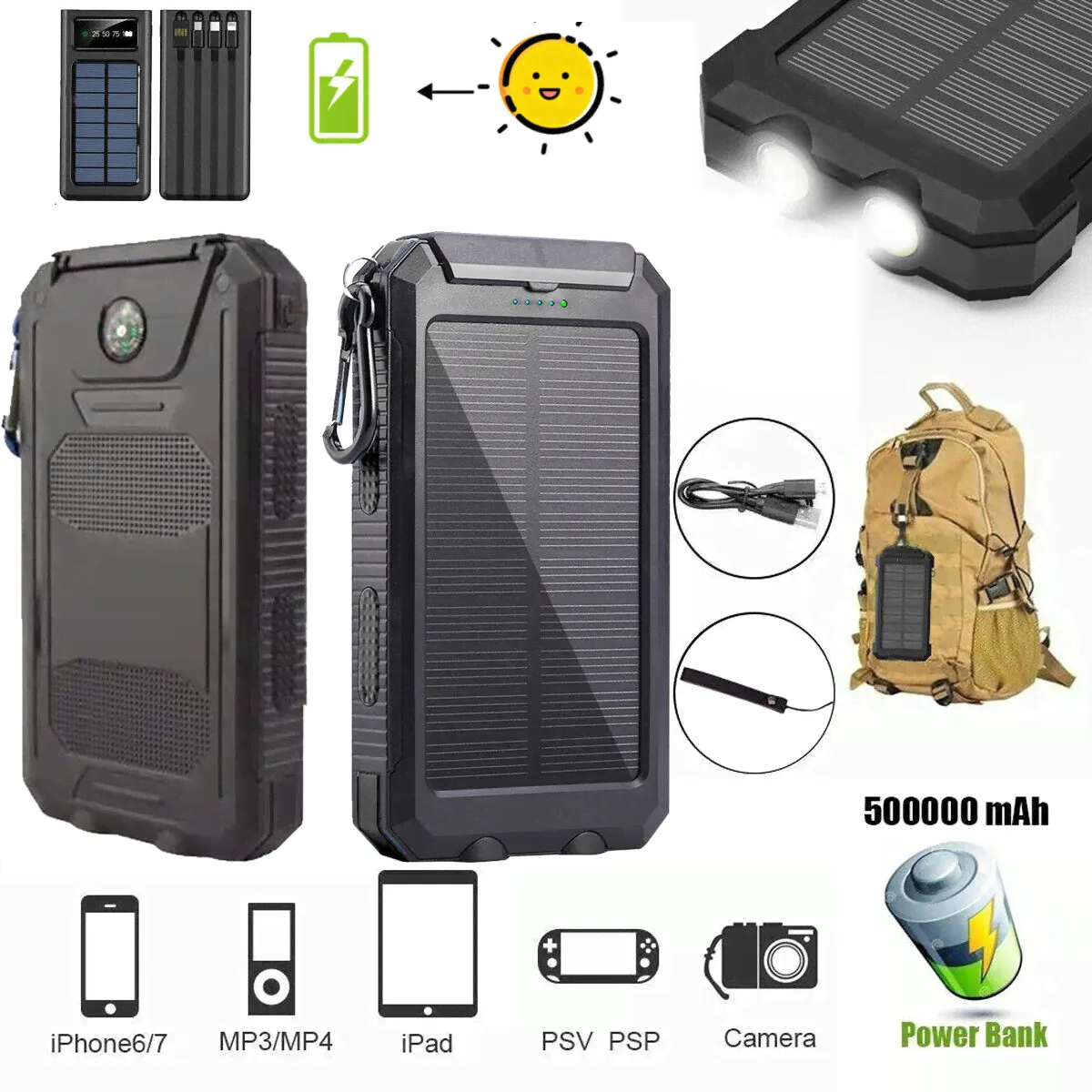 500000mAh Solar Power Bank Portable Charger LED External Battery Pack For Phone