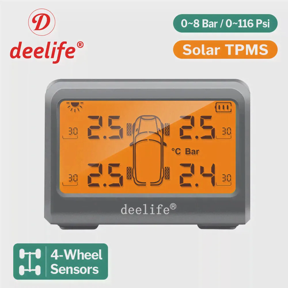 Система контроля давления в автомобильных шинах Deelife Solar TPMS с Батареей для шин на 4 колеса, Заменяемой Внутренними Внешними Датчиками TMPS